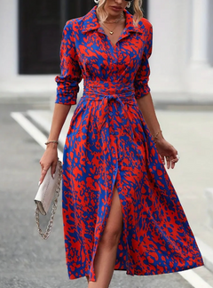 Printed Button Long Sleeve Waist Dress (One Piece)