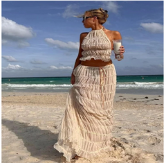 Two-Piece Set Chiffon Pleated Long Dress with Halter
